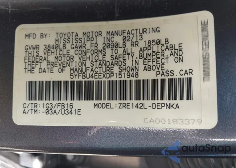 2013 Toyota Corolla Le from USA, damaged, VIN 5YFBU4EEXDP151948